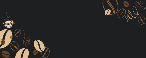 Coffee cup, aroma beans in minimal line design. Vector sketch border for cafe shop, food print. Abstract silhouette concept.