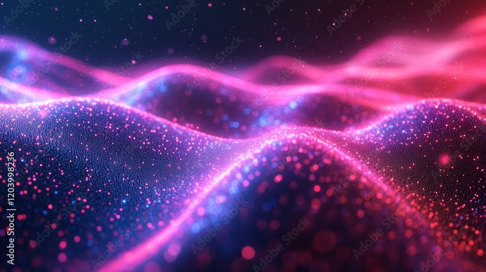 Poster abstract glowing particles wave in a digital landscape of deep blues and vibrant pinks creating a fu