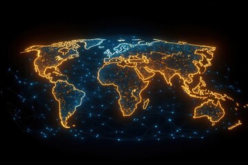 abstract global network concept illustrated with a glowing blue world map emphasizing data transfer and cyber technology in a digital connectivity theme