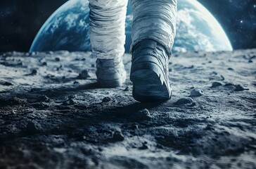 Astronaut Walking on Lunar Surface Towards Earth