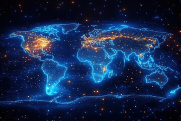 abstract global network concept illustrated with a glowing blue world map emphasizing data transfer and cyber technology in a digital connectivity theme