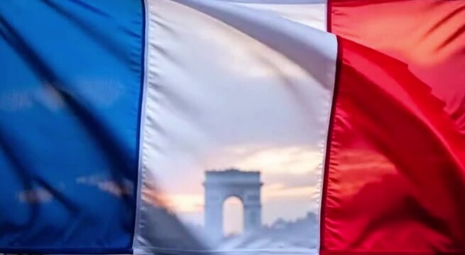 Close-up of the French flag fluttering gently under soft evening light with the landmark gate in the background symbolizing French heritage and unity