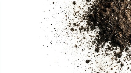 Obraz premium Rich Dark Soil Texture Scattered Dirt Pile on White Background Gardening Background