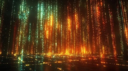 Abstract digital rain with glowing particles and geometric floor creating a futuristic and dynamic visual effect