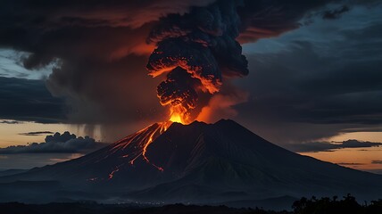 A dramatic volcanic eruption at dusk, showcasing lava, smoke, and an ominous sky.