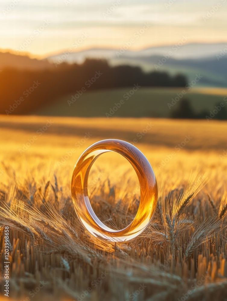 Poster Sunset light shines through a transparent ring on golden wheat field at dusk creating a warm and serene atmosphere. Generative AI