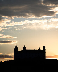 Obraz premium Warm sunset vertical silhouette shot of Bratislava Castle from Slovakia, Eastern Europe