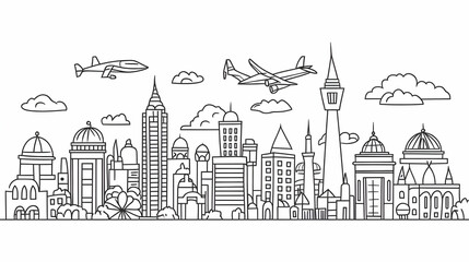 Fototapeta premium Cityscape illustration with airplanes, diverse architecture, and cloudy sky; ideal for travel brochures or website headers