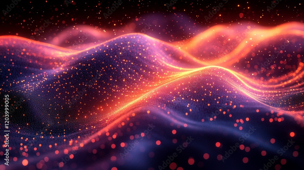 Poster abstract glowing particles form dynamic waves of light and color for a futuristic and ethereal compo