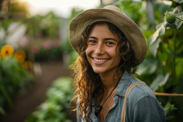 Portrait of a beautiful young farmer woman smiling in a greenhouse
