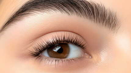 Obraz premium Close-up of a woman's eye with long lashes, showcasing makeup and beauty