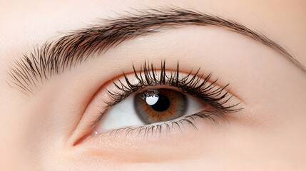Fototapeta premium Close-up of a woman's hazel eye, long eyelashes, and perfectly shaped eyebrow. Beauty, cosmetics, and makeup advertisement