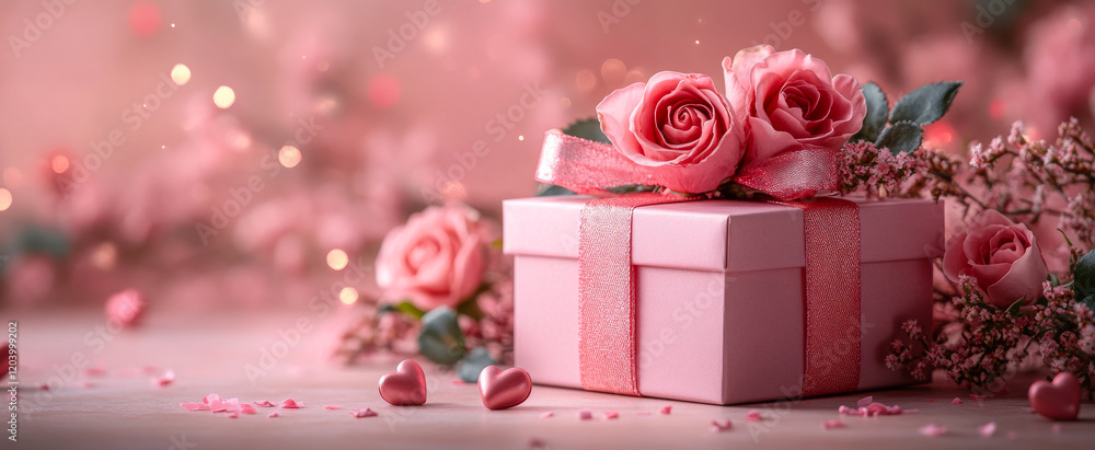 Poster a pink box with a ribbon and three roses on top of it. the box is placed on a table with a pink back