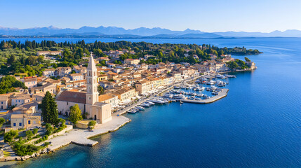 Fototapeta premium Coastal town aerial view, harbor, clear day, mountains background, travel brochure