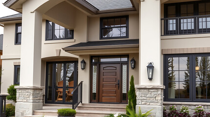 Obraz premium Modern Luxury Home Exterior: Elegant Design and Architecture. A stunning contemporary house with a beautiful facade, showcasing modern architecture and elegant design details.