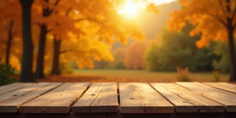 Golden Autumnal Park Setting with Rustic Wooden Table