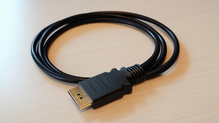 High Resolution DisplayPort Cable Black Coiled Close Up View