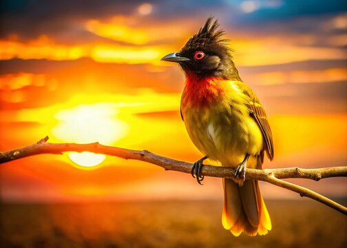 Silhouette of Flame-throated Bulbul Perched on Branch at Sunset