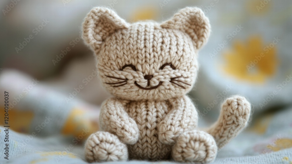 Poster cute crocheted cat figure in soft colors sitting on a patterned blanket showcasing handmade craftsma