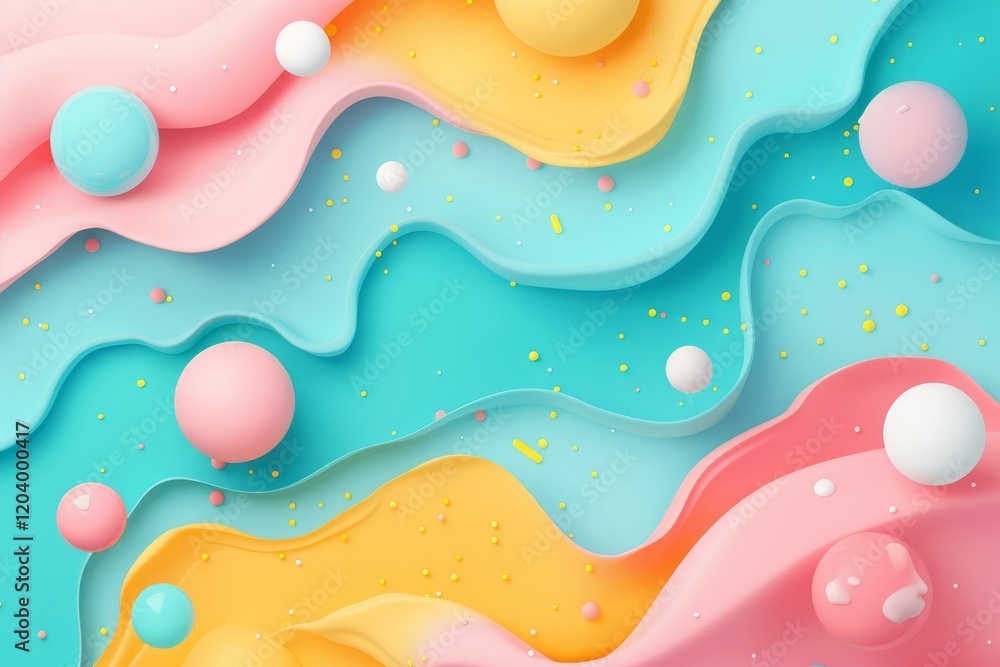 Aufkleber Abstract pastel colored waves flowing with floating spheres and sprinkles create a vibrant and dynamic visual