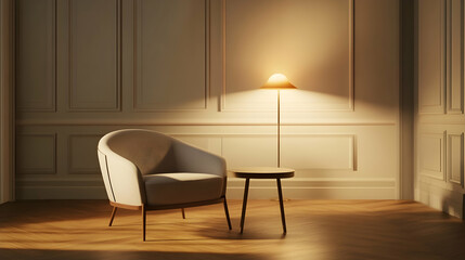 Cozy armchair and side table in a softly lit room, classic wall paneling, warm evening ambiance, ideal for interior design websites