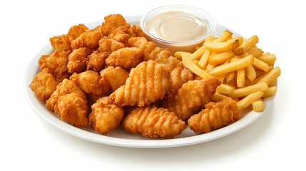 Crispy chicken nuggets, fries, and creamy sauce on a white plate.  Perfect for restaurant menus or food blogs