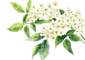 Watercolor, elegant white elderberry flowers and leaves, white background clipart