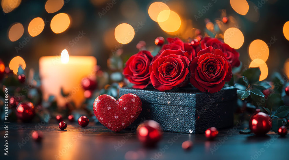 Aufkleber a black box with a heart inside and a bunch of red roses on top of it. the roses are arranged in a w