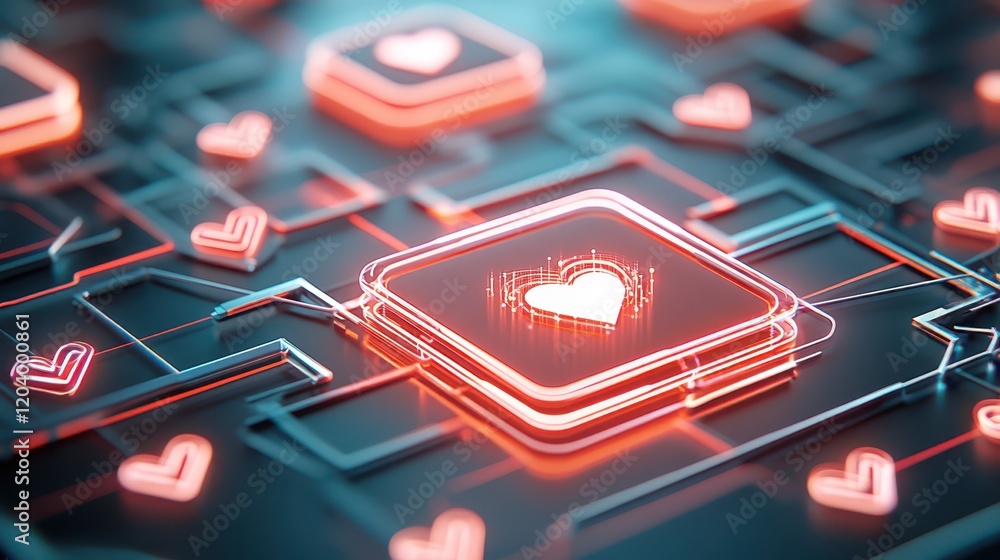Poster heart icon on computer screen, symbol of digital affection and online connection in the virtual worl