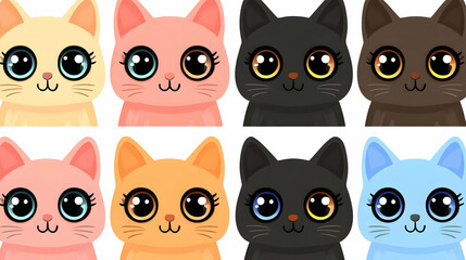 Fototapeta premium Adorable cartoon kittens with big eyes, pastel colors, perfect for children's books, websites, or greeting cards. Eight unique kawaii cat designs.