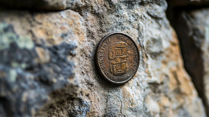 A Forgotten Coin Hidden in the Cracks of an Old Stone Wall Surrounded by Nature's Beauty