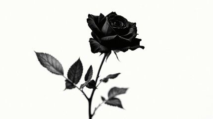 Fototapeta premium Single black rose with delicate petals and leaves captured in striking monochromatic detail against pure white background, embodying timeless beauty and dramatic contrast