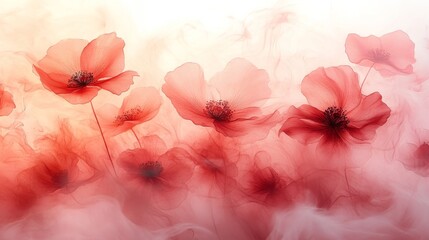 Delicate ethereal poppies with a dreamy watercolor effect floating in a soft ethereal haze