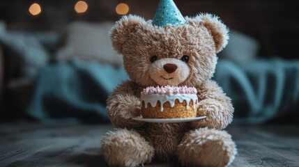 Festive teddy bear with a cake and party hat
