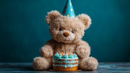 Festive teddy bear with a cake and party hat