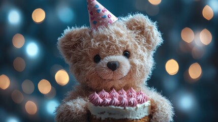Festive teddy bear with a cake and party hat