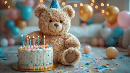Fluffy bear at birthday celebration, cake and hat