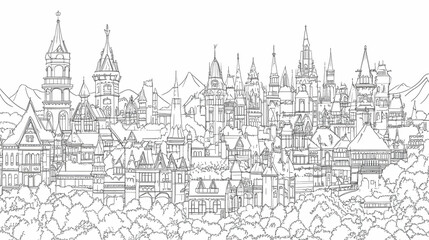 Fairytale Cityscape Line Art Illustration of a majestic city nestled amongst green hills, perfect for children's books or fantasy settings