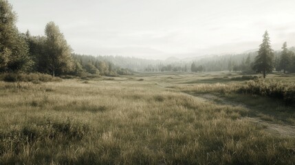 Fototapeta premium Serene sunrise over a grassy field and distant forest.
