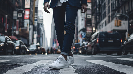 Man walking city street, white sneakers, blurred background, fashion
