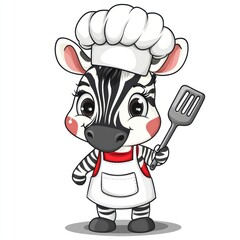 Cute zebra chef holding spatula, cartoon illustration, perfect for kids