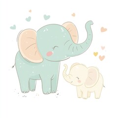 Naklejka premium Cute elephants mother and baby illustration, sweet cartoon animals, background hearts. Possible use children's book cover, greeting card, baby clothes design