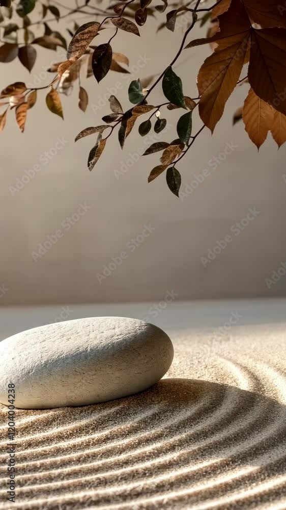 Aufkleber natural stone resting on smooth sand with delicate leaves in soft sunlight creating a serene atmosph