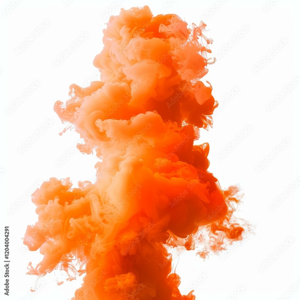 Aufkleber orange ink cloud is slowly dissolving in water creating abstract shapes on white background