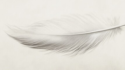 Single white feather on light background.