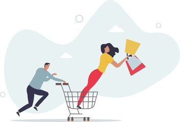 Big sale shopping, consumerism, customer enjoy buying or purchasing goods concept.flat characters.