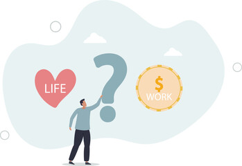 Work life balance, choose between spend your time with family and yourself or hard work to make money concept.flat characters.