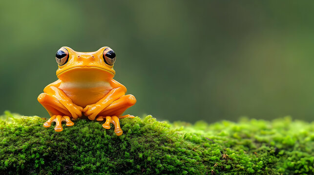 Golden frog sitting on moss, rainforest background, nature photography, website banner - Powered by Adobe