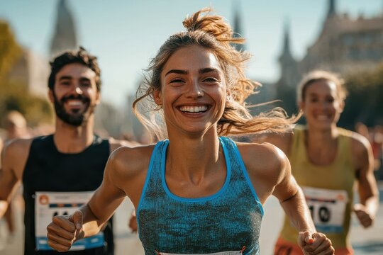Running event highlights enthusiastic runners in urban marathon city streets action shot daytime joy and determination