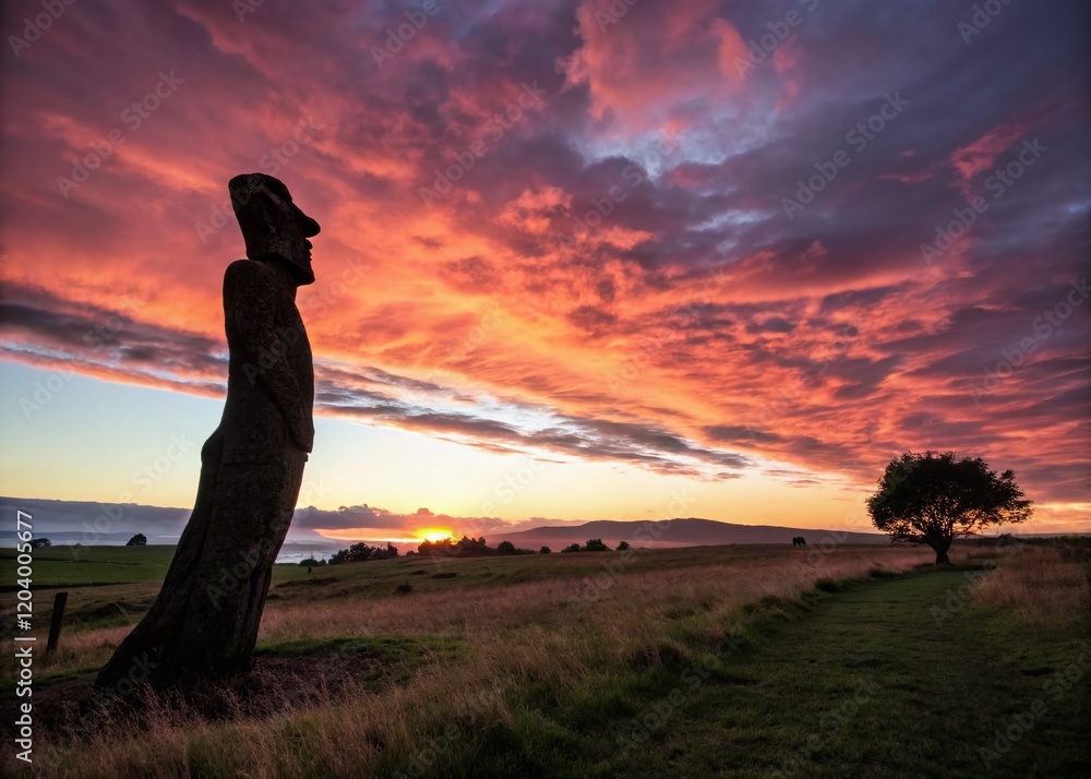 Wall mural Silhouette of Wooden Sculpture in Sunset Field - Dramatic Stock Photo